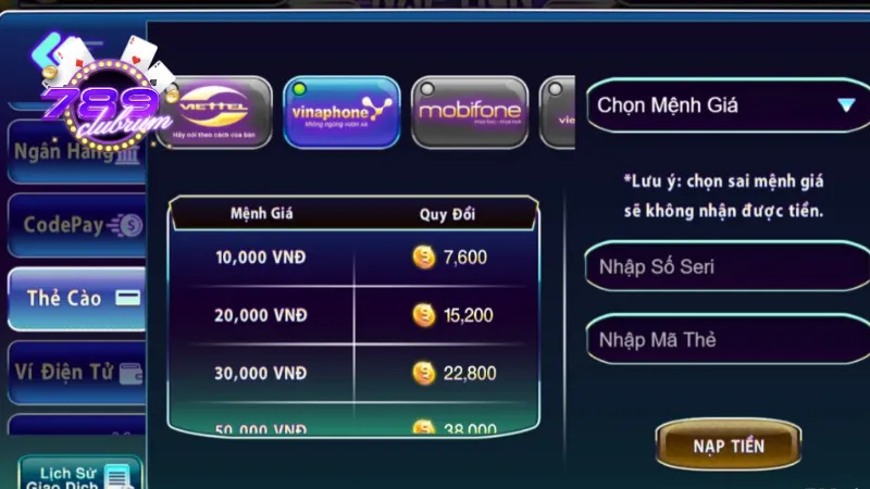 Hướng dẫn gửi tiền 789Club bằng thẻ cào